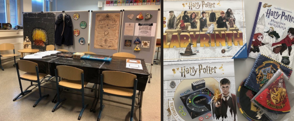 Vasemmassa kuvassa Etsintäkuulutus- ja piirrustusrasti, johon kuuluu pöytä ja taustasermi. Oikealla Peli- ja tehtävärastien Harry Potter -aiheiset materiaalit, esim. Labyrinth-lautapeli, Maaginen värityskirja ym. rekvisiittaa.