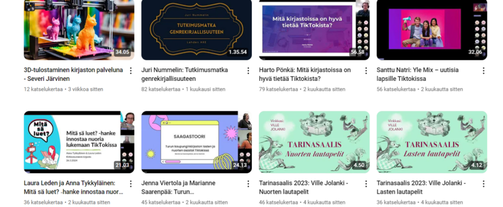 Kuvakaappaus Lahden AKEn Youtube-kanavalta, jossa näkyvät viimeisimpänä kanavalle ladatut koulutustallenteet: 3D-tulostaminen kirjaston palveluna, Tutkimusmatka genrekirjallisuuteen, Tiktok-koulutuksen tallenteet sekä Tarinasaalis-videoiden kansikuvat.