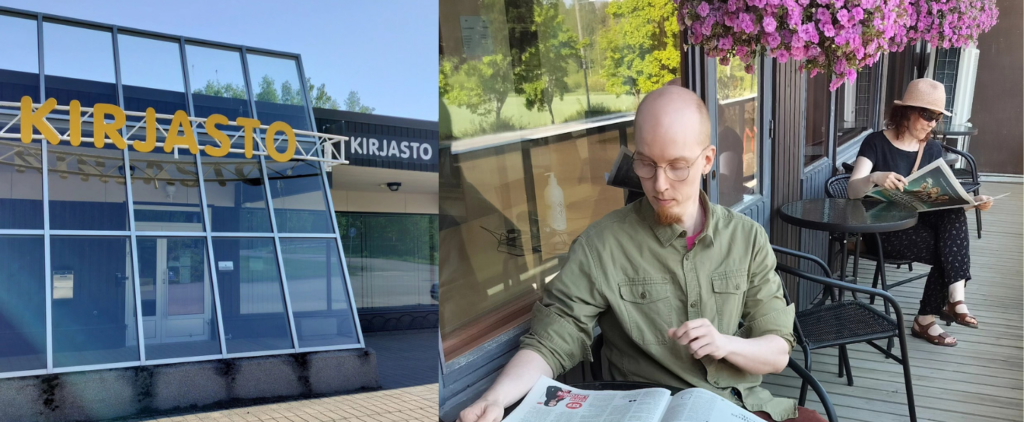 Kahden kuvan kollaasi. Vasemmalla Padasjoen kirjaston julkisivu keväisessä auringonvalossa, oikealla henkilöstö lukee sanomalehtiä kirjaston parvekkeella.