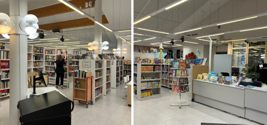 Kirjahyllyjä ja asiakaspalvelutiski Lemin kirjastossa.