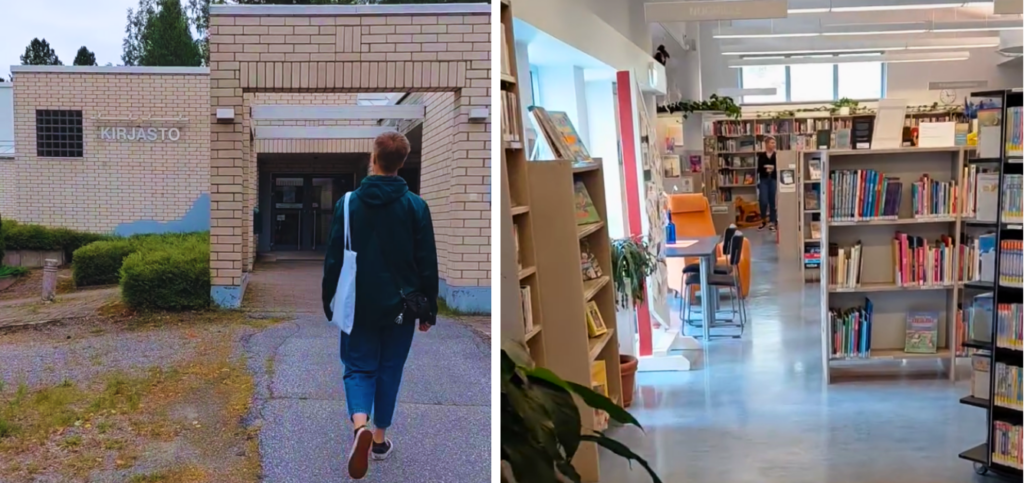 Ihminen kävelemässä kirjastoon. Kirjahyllyjä kirjastossa.